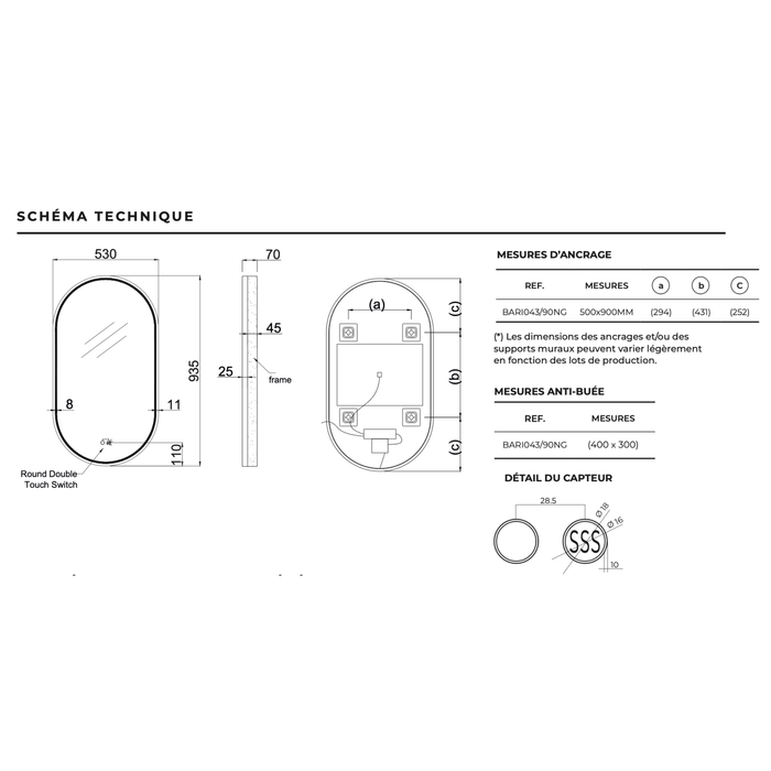 Miroir Lumineux Anti-Buée Tri-LED BARI - LEDIMEX - Sanizeo