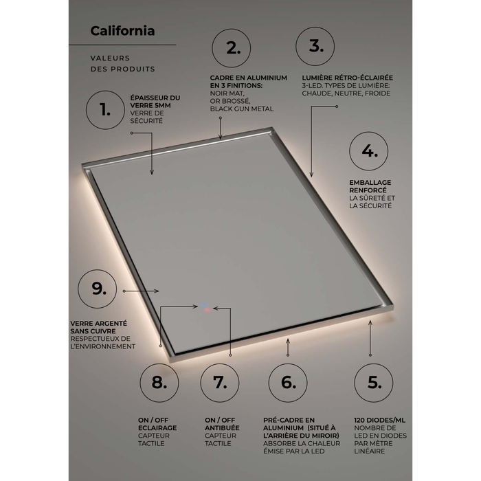 Miroir Lumineux Anti-Buée Tri-LED CALIFORNIA