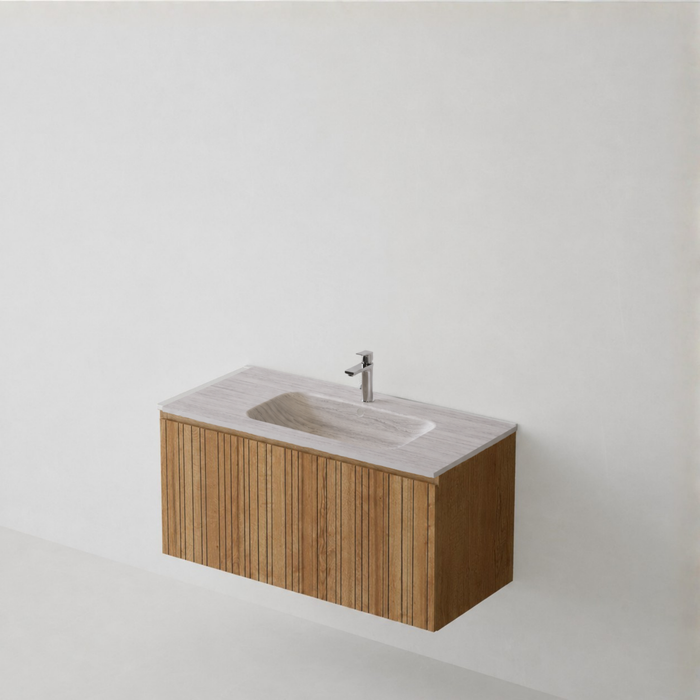 Meuble Suspendu FER 1 Coloris Bois NOFER Sanizéo DECOSAN - Vasque LANICOR Porcelaine Taupe
