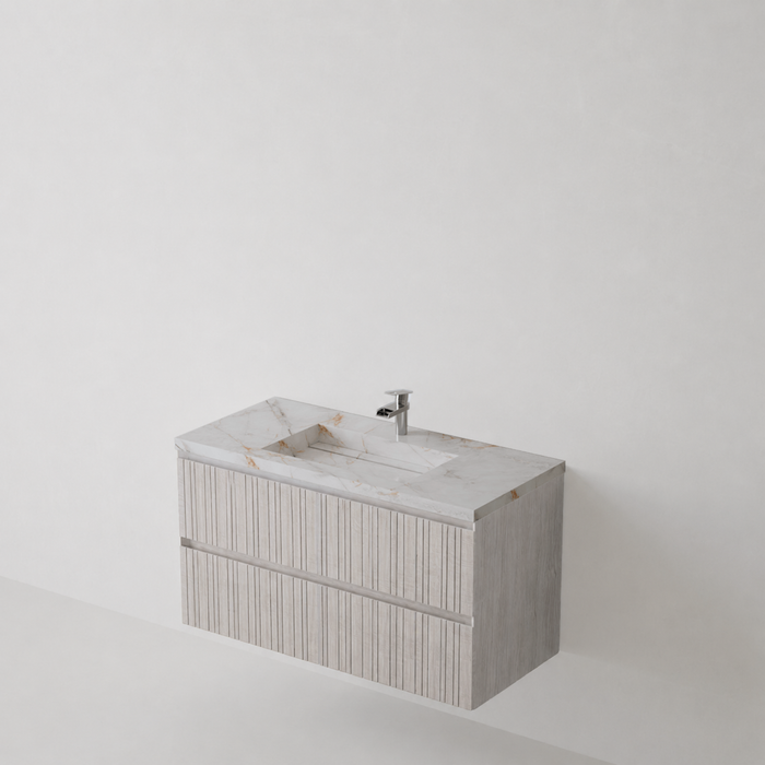 Meuble Suspendu FER Coloris Blanc NOFER Sanizéo DECOSAN - Vasque LANIC Porcelaine Marbré Beige