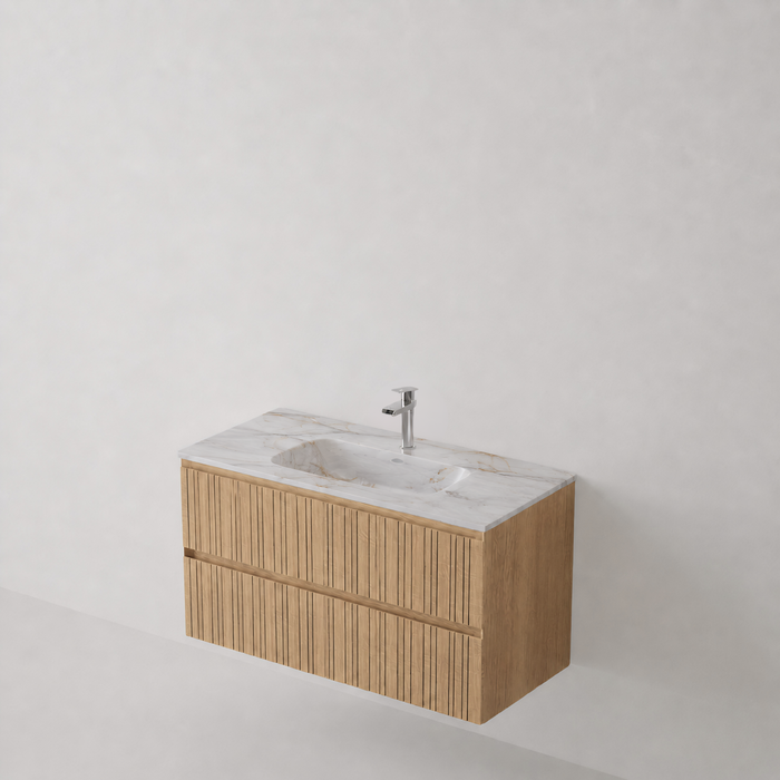Meuble Suspendu FER Coloris Bois NOFER Sanizéo DECOSAN - Vasque LANICOR Porcelaine Marbré Blanc