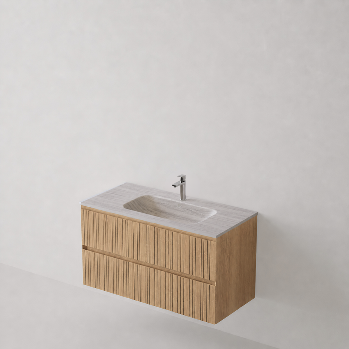 Meuble Suspendu FER Coloris Bois NOFER Sanizéo DECOSAN - Vasque LANICOR Porcelaine Taupe