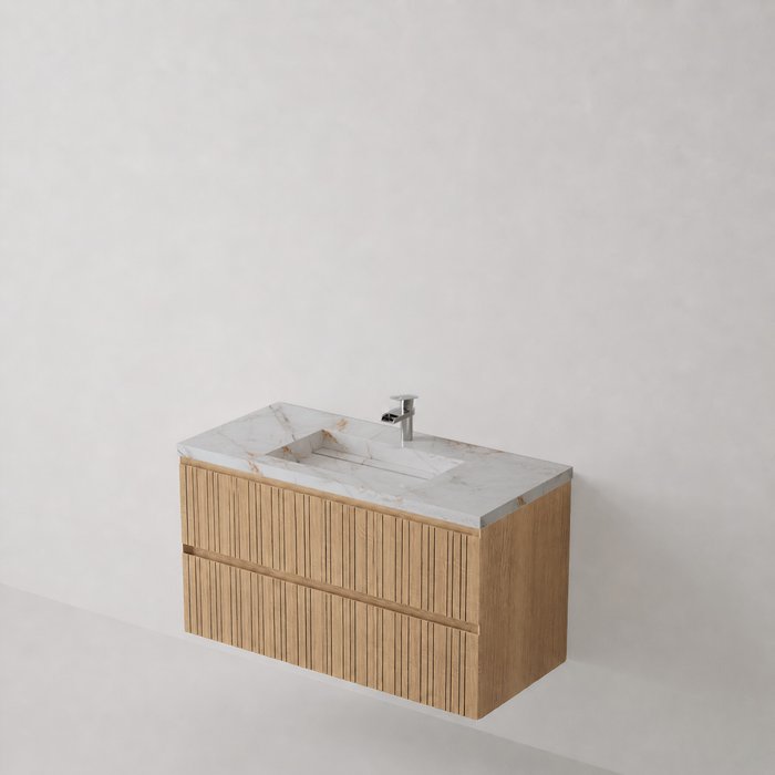 Meuble Suspendu FER Coloris Bois NOFER Sanizéo DECOSAN - Vasque LANIC Porcelaine Marbré Beige