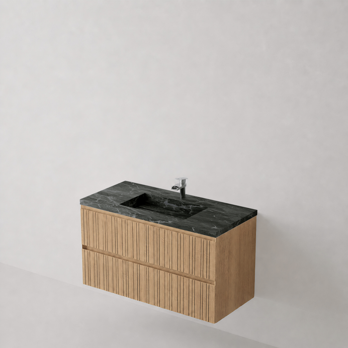 Meuble Suspendu FER Coloris Bois NOFER Sanizéo DECOSAN - Vasque LANIC Porcelaine Marbré Noir