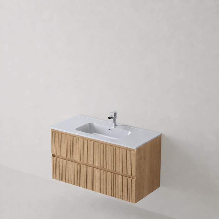 Meuble Suspendu FER Coloris Bois NOFER Sanizéo DECOSAN - Vasque VOLTERRA Céramique Blanc Brillant