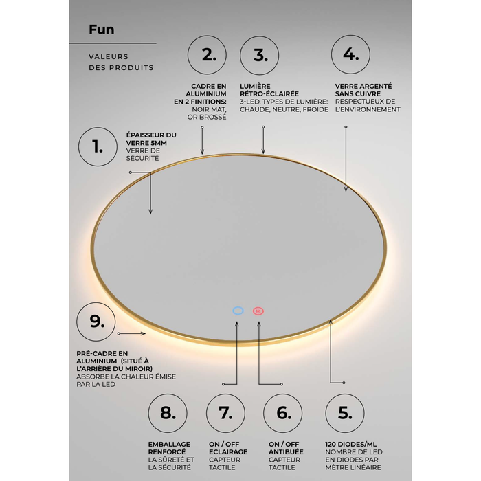Miroir Lumineux Anti-Buée Tri-LED FUN