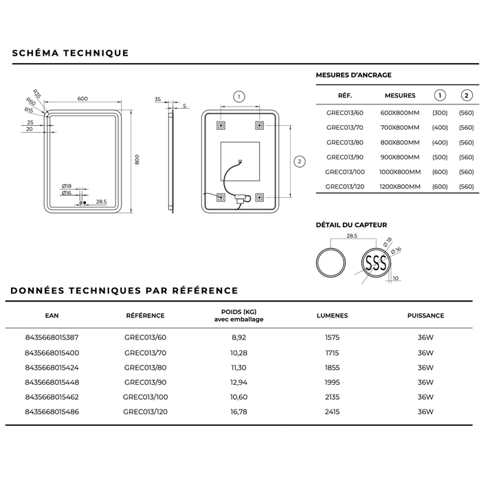 Miroir Lumineux Anti-Buée LED GRECIA