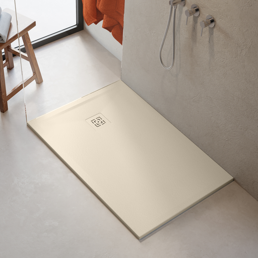 Receveur de douche extra plat 3 cm HALDOR LAVABERG Beige RAL 1013 — installé dans une salle de bain moderne