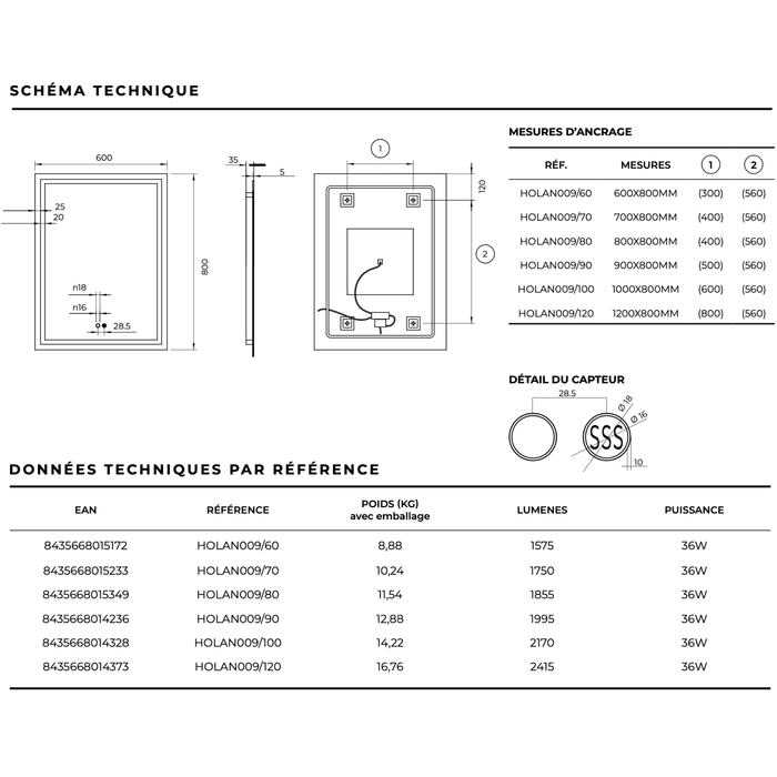 Miroir Lumineux Anti-Buée LED HOLANDA