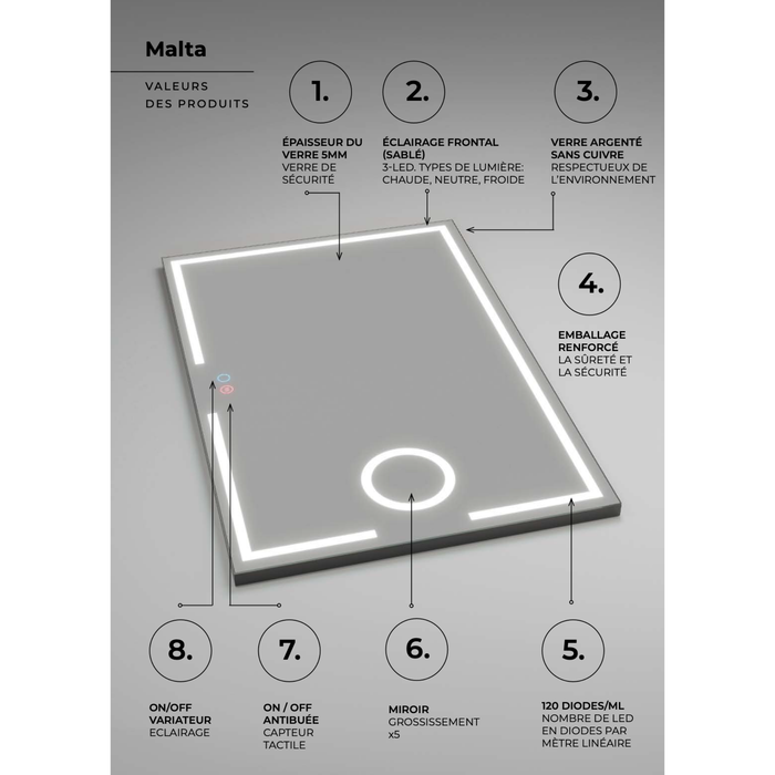 Miroir Lumineux Anti-Buée Tri-LED MALTA