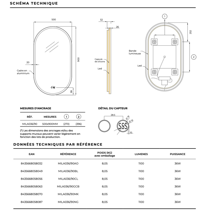 Miroir Lumineux Anti-Buée Tri-LED MILANO