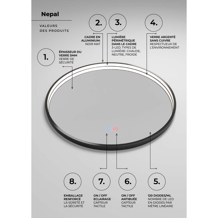 Miroir Lumineux Anti-Buée Tri-LED NÉPAL
