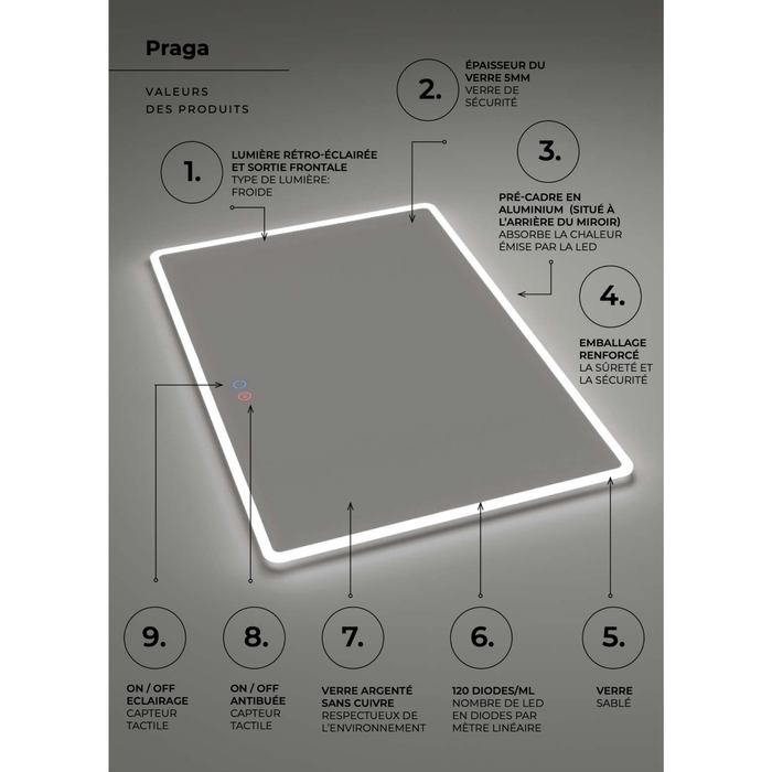 Miroir Lumineux Anti-Buée LED PRAGA