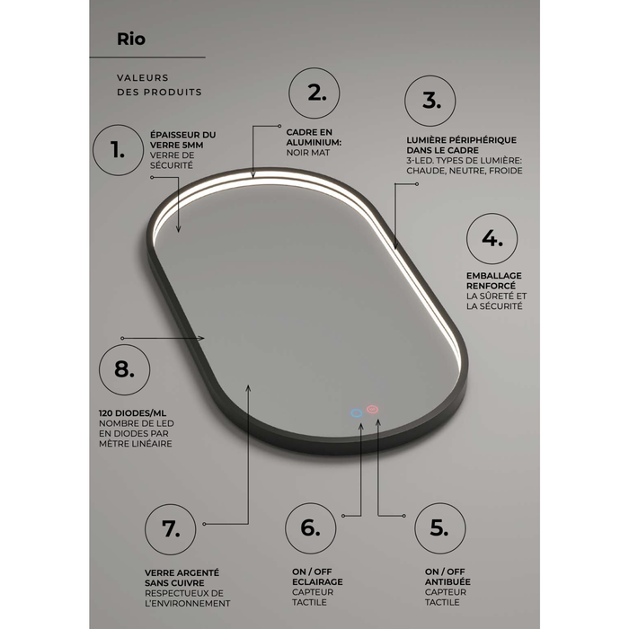 Miroir Lumineux Anti-Buée Tri-LED RIO