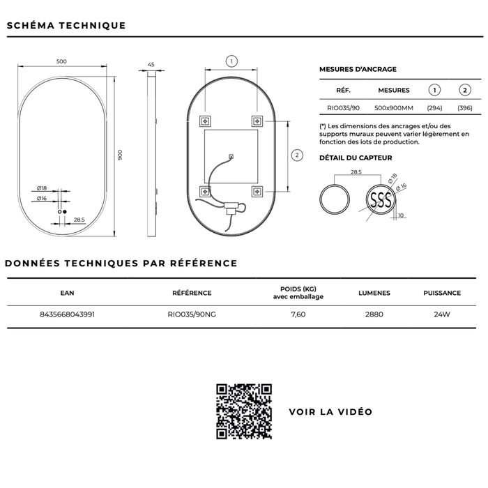 Miroir Lumineux Anti-Buée Tri-LED RIO