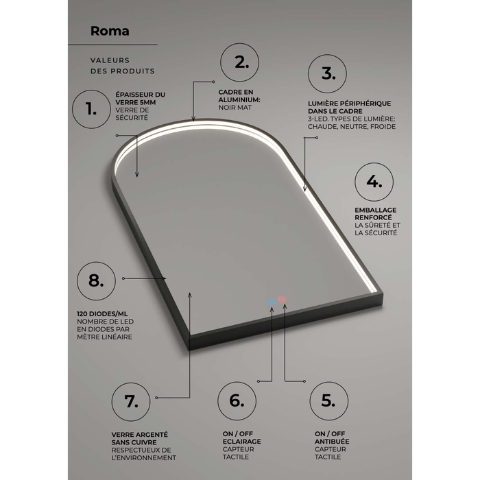 Miroir Lumineux Anti-Buée Tri-LED ROMA