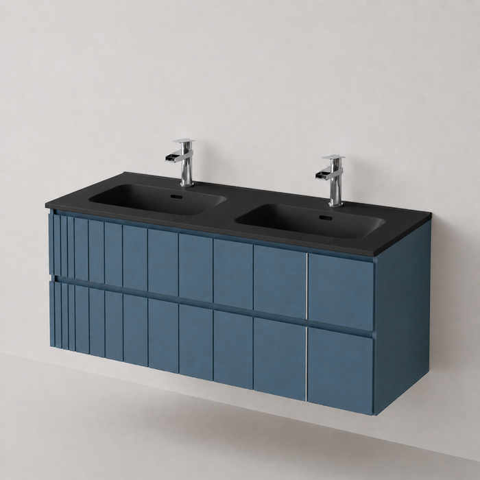 Meuble Suspendu POLE Coloris Bleu Cobal NOFER Sanizéo DECOSAN - Double Vasque VOLTERRA Noir Mat