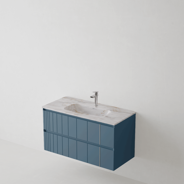 Meuble Suspendu POLE Coloris Bleu Cobal NOFER Sanizéo DECOSAN - Vasque LANICOR Porcelaine Marbré Blanc