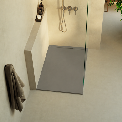 Receveur de douche RAGNAR gris taupe LAVABERG installé dans une salle de bain
